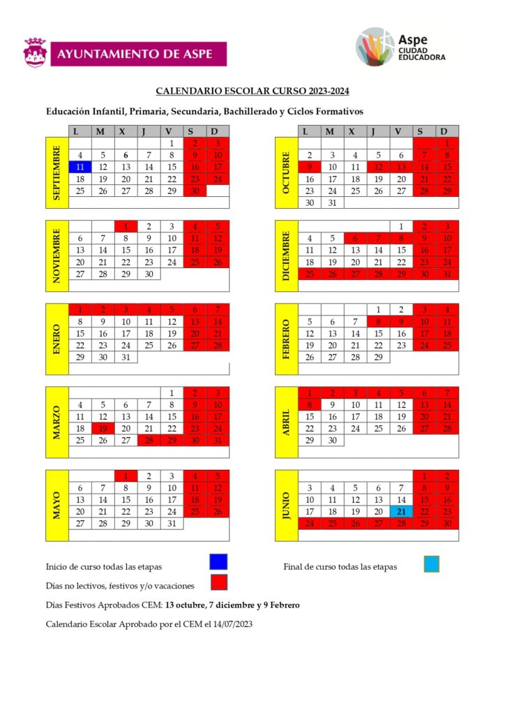 Calendario Escolar Curso 2023 - 2024