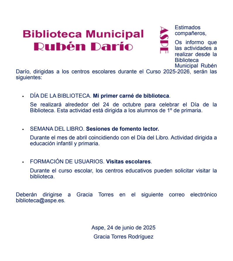 Actividades de la Biblioteca Municipal Rubén Darío para el Curso 2025-2026