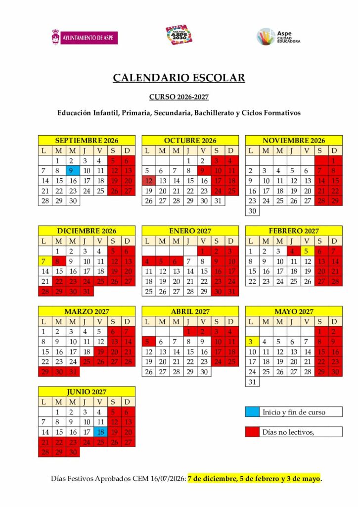 CALENDARIO ESCOLAR CURSO 2026-2027